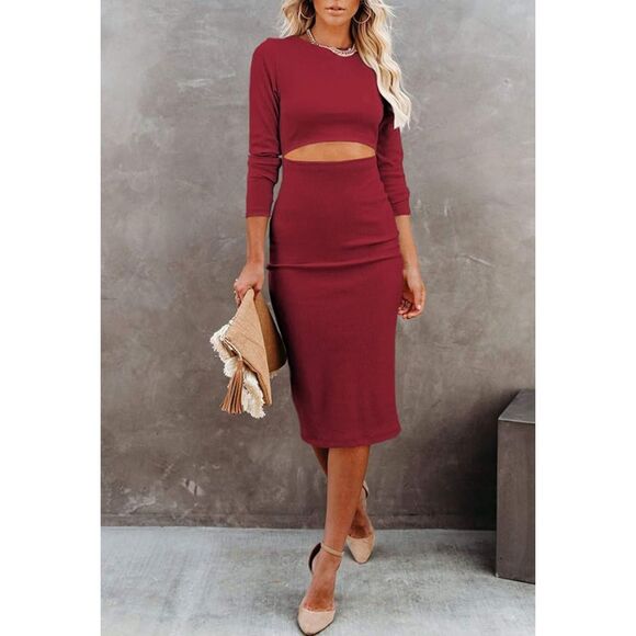 Cut Out Long Sleeve Bodycon Midi Dresses Casual Knit Cocktail Dress Sz XL - Picture 3 of 7